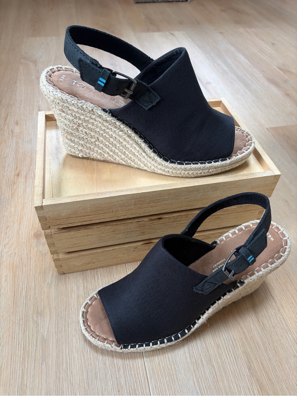 Toms Monica Black Espadrille Wedge Slingback Sandals